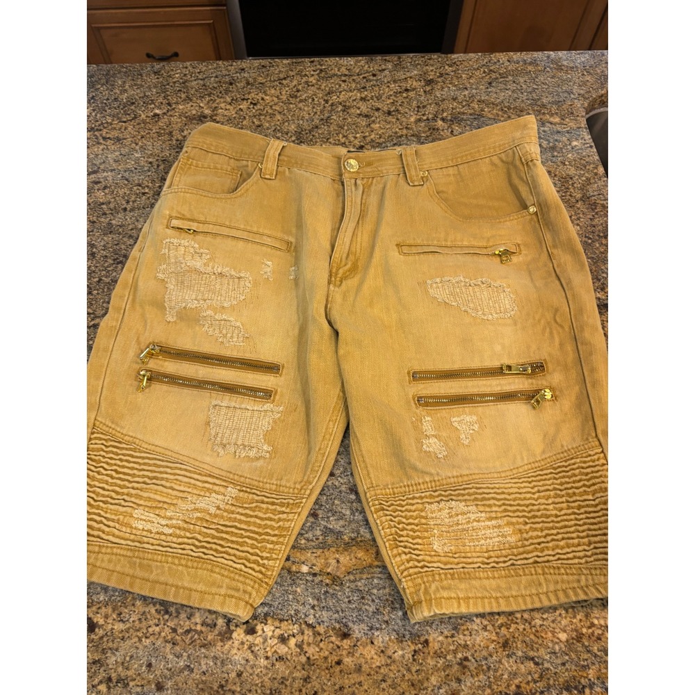 Makobi Mens 38 Distressed Biker Moto‎ Denim Shorts Mustard Yellow Zippers